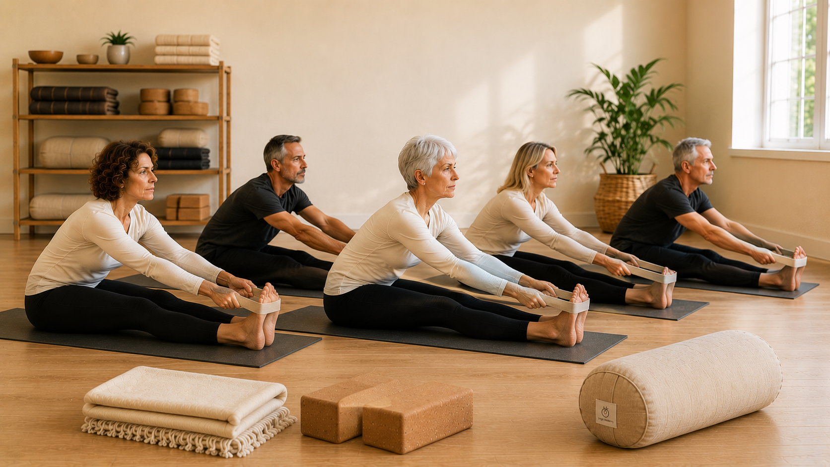 Adults practicing seated forward fold yoga poses in a serene, warmly lit studio
